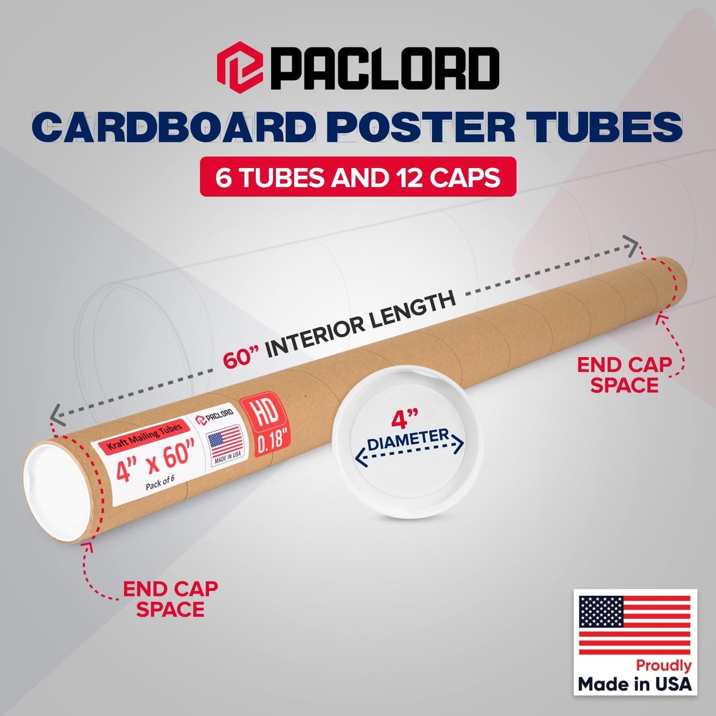 4" x 60" Heavy-Duty Reinforced Cardboard Mailing Tube, Pack of 6 Tubes with 12 Caps – Secure USPS Approved – Great for Shipping and Storing of Prints, Artwork, Posters or Documents