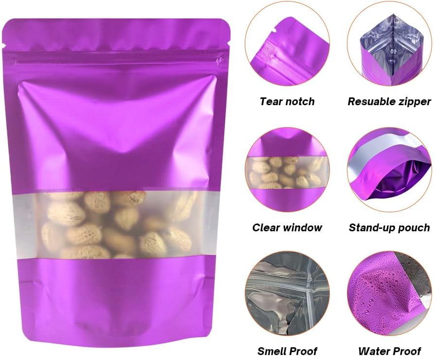4CP 100 Pcs Purple Zipper Smell Proof Bags with Window, 6.3x9.5 Inch Stand Up Foil Pouches for Food Selfsealing Storage, Reusable Bag for Packaging Small Business, Cookies, Nunt, Candy
