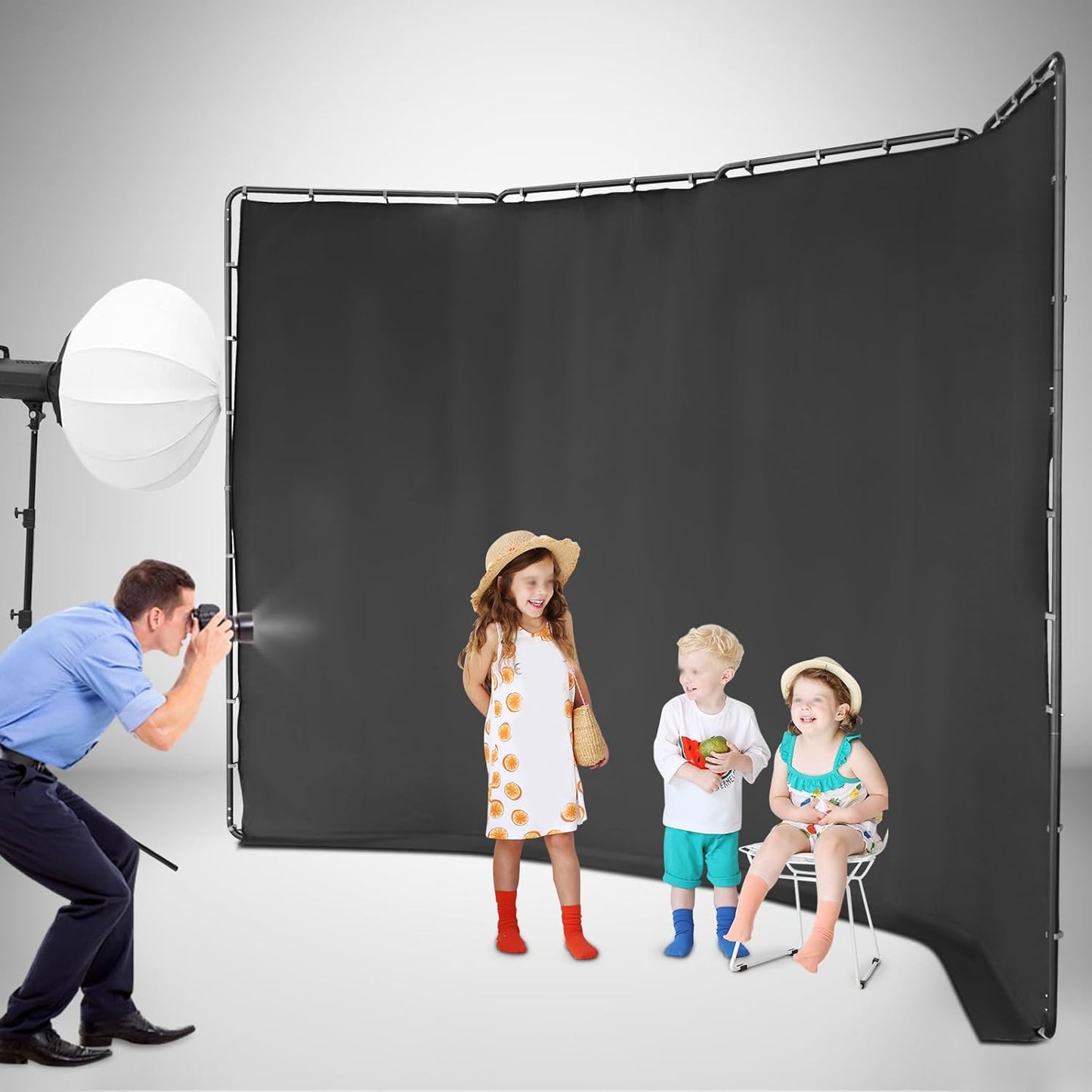 7.87ft x 13.12ft Large Green Screen Backdrop with Stand, Portable Foldable Photography Backdrops Large Collapsible Backdrop System for Photo Studio Video Shooting, Live Streaming (Black)