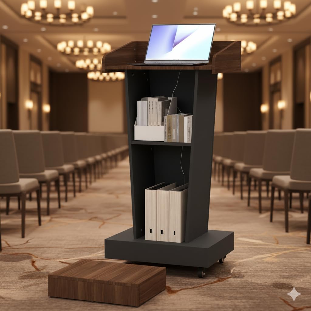 Wooden Podium Stand with Wheels, Stool and 2 Tier Storage, Lectern Presentation Church Classroom, 16MM Wood Board with Heavy Base (Brown/Grey)