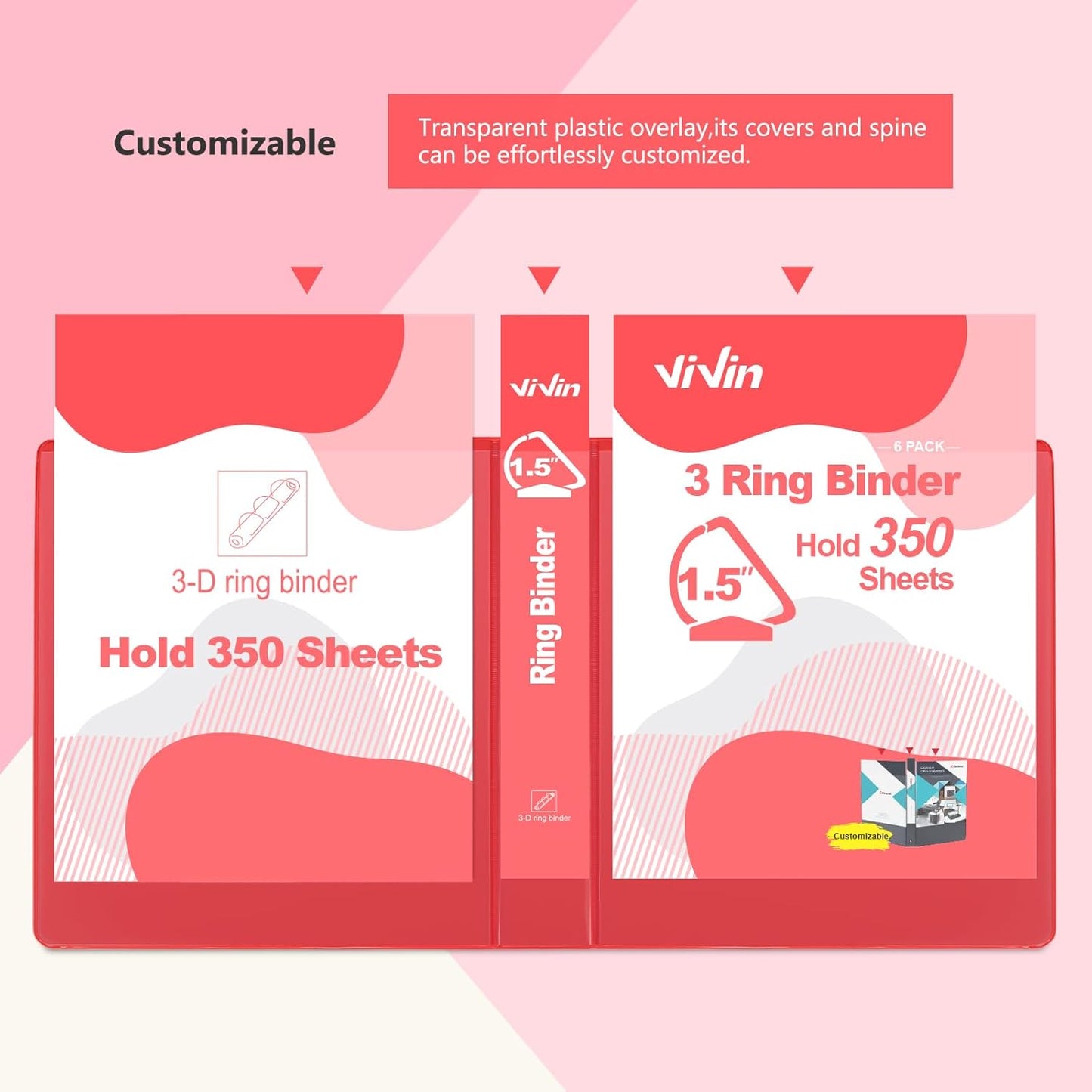 ViVin Sturdy 1.5 Inch 3 Ring Binder with Pockets,Slant-D Ring, PVC-Free, Customizable Clear View Binder,Holds 350 Sheets of 8.5" x 11" Paper, 6 Pack (Red)