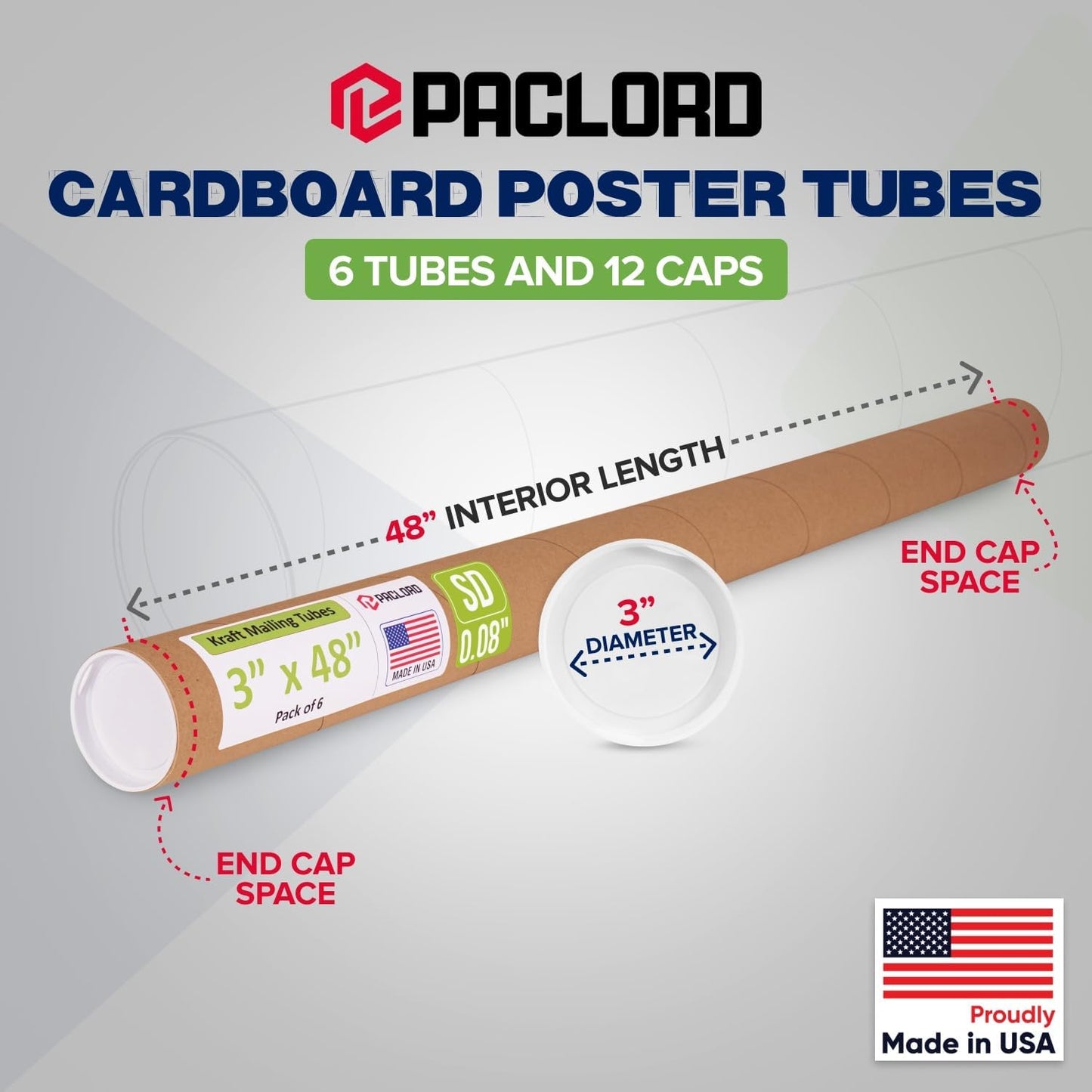 3" x 48" Reinforced Kraft Paper Mailing Tube, Pack of 6 Tubes with 12 Caps – Secure USPS Approved Poster Tube – Cardboard Tube for Shipping and Storing Posters, Prints, Artwork, or Documents