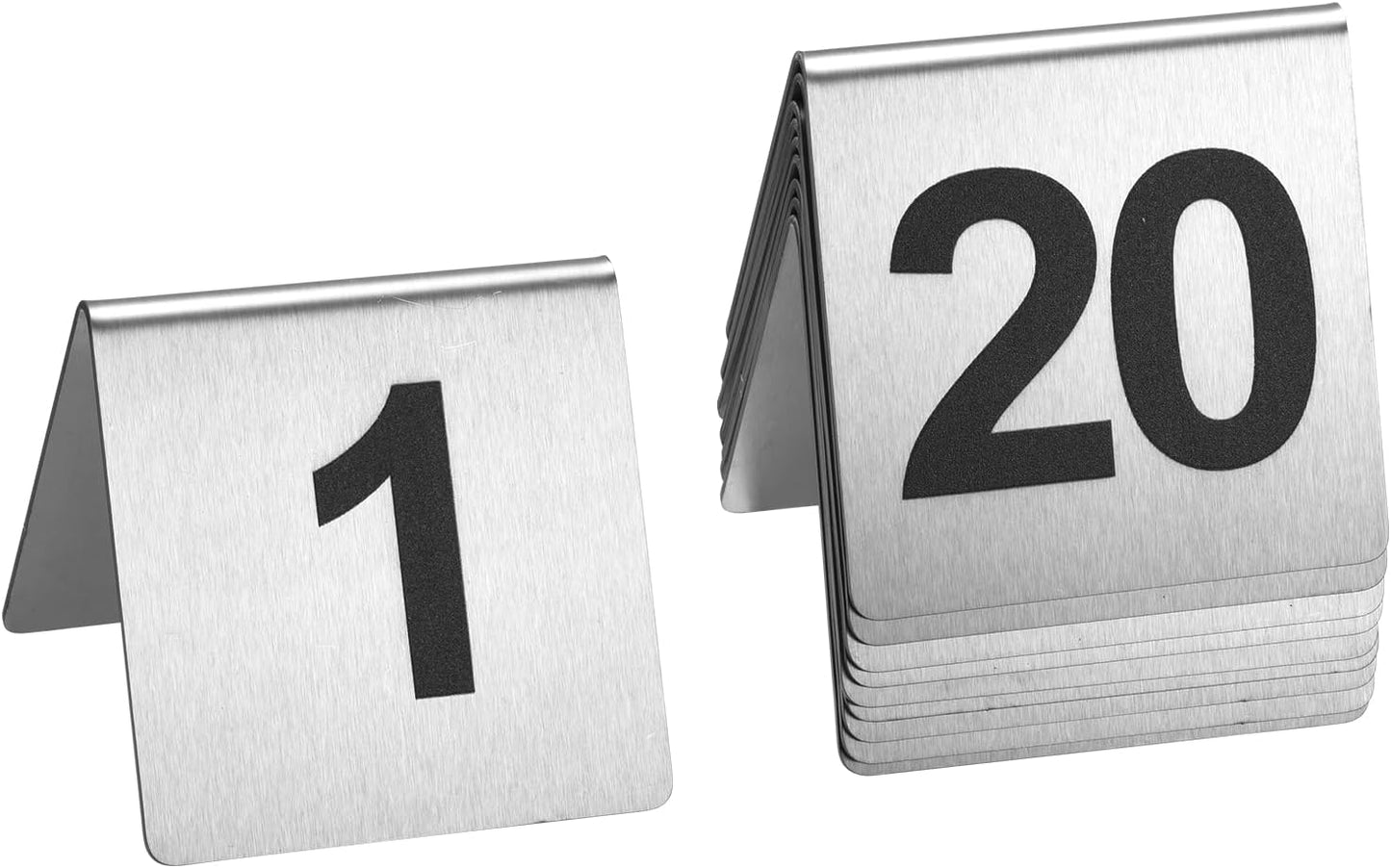 Stainless Steel Table Numbers 1-20, 2.76 x 2.76 Inch Tent Style Number Signs, Heavy-Duty Metal Table Number Cards for Restaurant, Cafe, Hotel, Large Clear Numbers, Waterproof and Rustproof