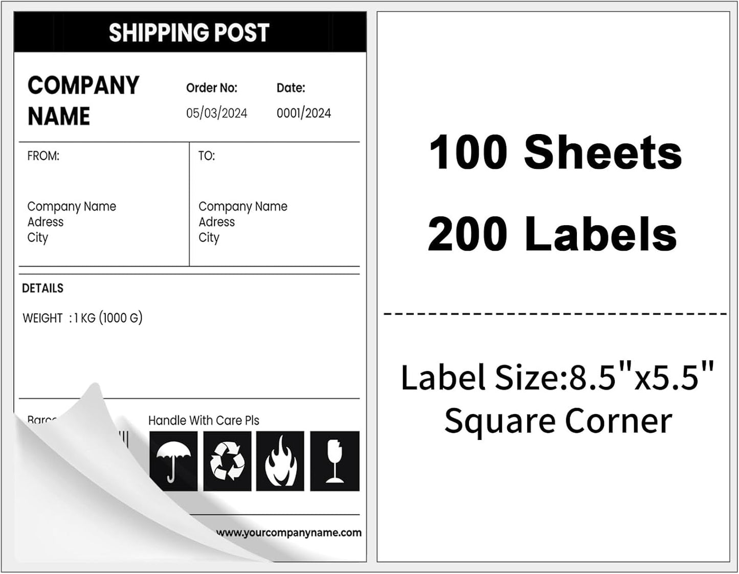 Half Sheet Shipping Labels,Self Adhesive Mailing Labels for Laser & Inkjet Printers,White 8.5x5.5 Half Page Label,100 Sheets