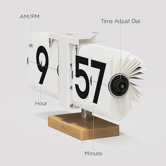 mooas Classic Modern Wood Big Flip Desk Clock, Retro Vintage Analog Design Auto - Image 3