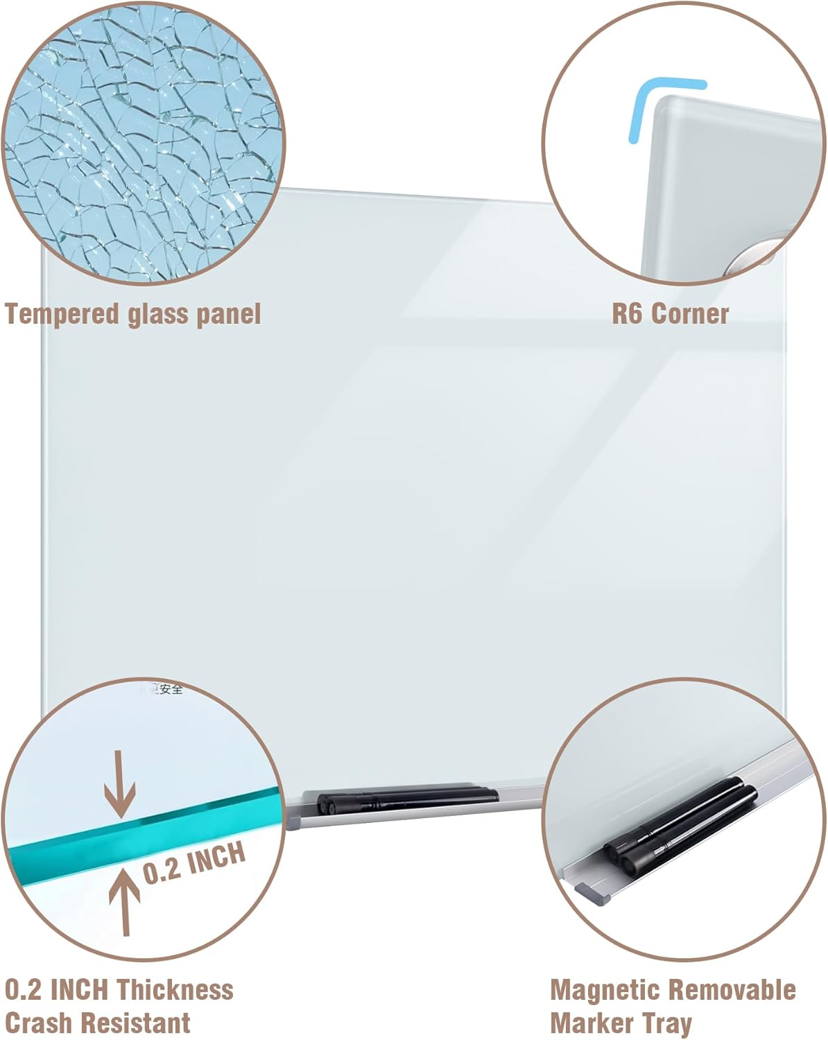 Magnetic Glass Whiteboard，36"x24" Wall Mounted Frameless Dry Erase Board for Office, Home & School White