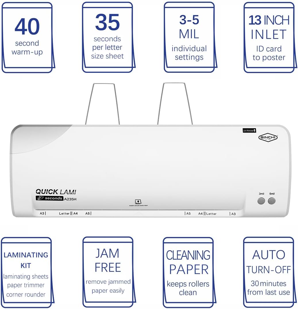 SINCHI 13-Inch Thermal Laminator Machine, 3–5 Mil, 40s Warm-Up, 20"/Min, Jam Release, Auto Shutoff, All-in-One Kit with 10 Pouches, Trimmer & Rounder, Cleaning Paper, Ideal for Home, Office, School