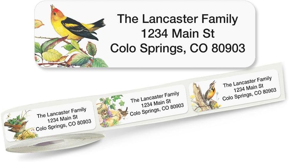 Meadow Birds Rolled Personalized Return Address Mailing Labels with Dispenser, Set of 250, 5 Designs, Small ¾ x 2½ Inch Size, Custom Self-Adhesive Sticker Roll, by Colorful Images