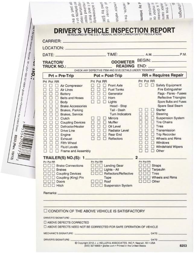Detailed Driver's Vehicle Inspection Report (Pre- & Post-Trip) 25-pk.- Stapled Pack with 31 Sets, 2-Ply Carbonless, 5.5" x 8.5", Meet FMCSR Requirements, J. J. Keller & Associates, Inc.