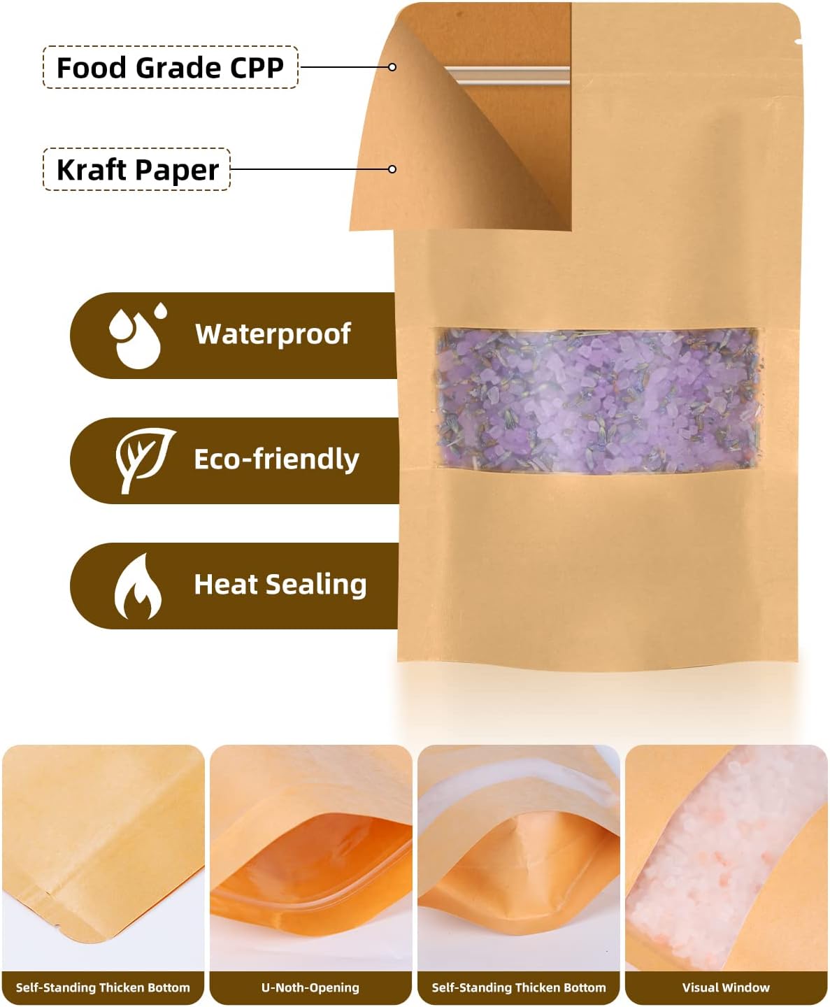 100pcs Kraft Bags with Window 3.5x5.5 Inches Brown Reusable Sealable Zip Lock Food Storage Stand up Paper Pouches for Home or Business