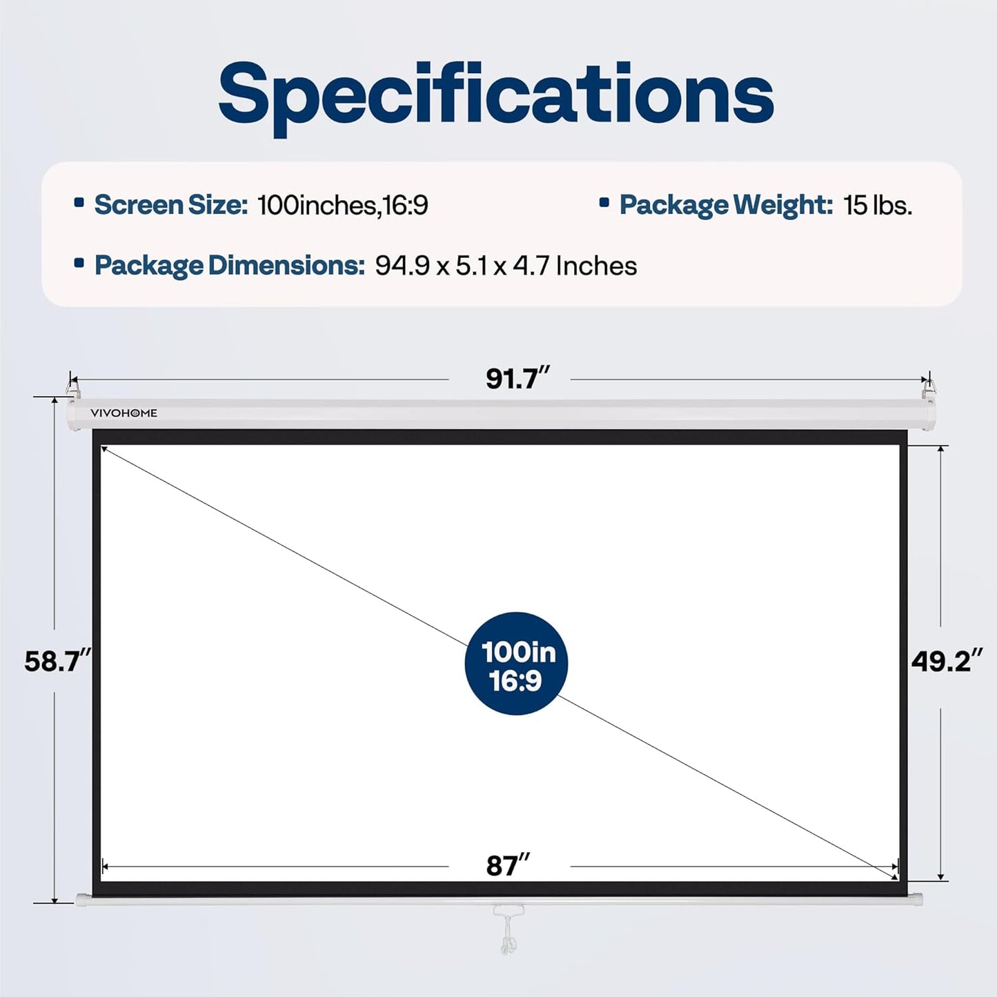 VIVOHOME Projector Screen Pull Down, 16:9 100 Inch Retractable Projection Screen, HD 4K Manual Pull Movie Screen for Home Theater, Cinema, Office (87x49 Inch White)