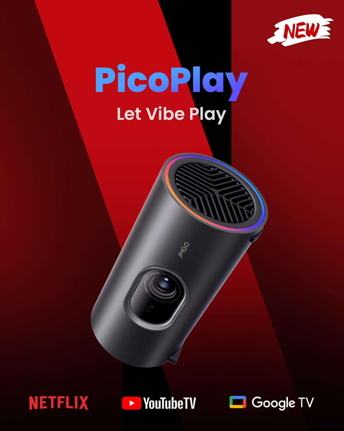 JMGO PicoPlay+ 1080P Smart Portable Projector, Google TV, 450 ISO Lumens, 8W Dolby Digital, 3D-Active, HDR10, Mini Projector with WiFi & Bluetooth for Home Party, Outdoor, Including Optical Filter