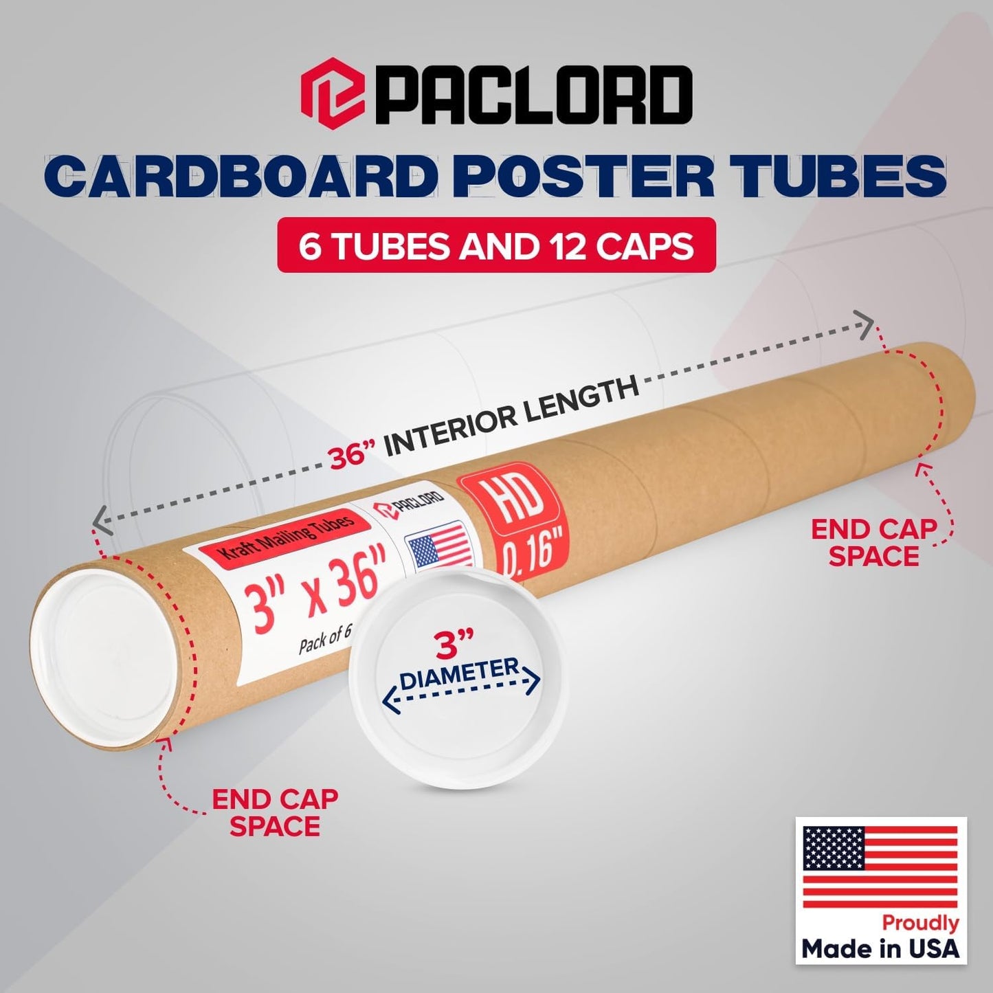 3" x 36" Heavy-Duty Reinforced Cardboard Mailing Tube, Pack of 6 Tubes with 12 Caps – Secure USPS Approved – Great for Shipping and Storing of Prints, Artwork, Posters or Documents