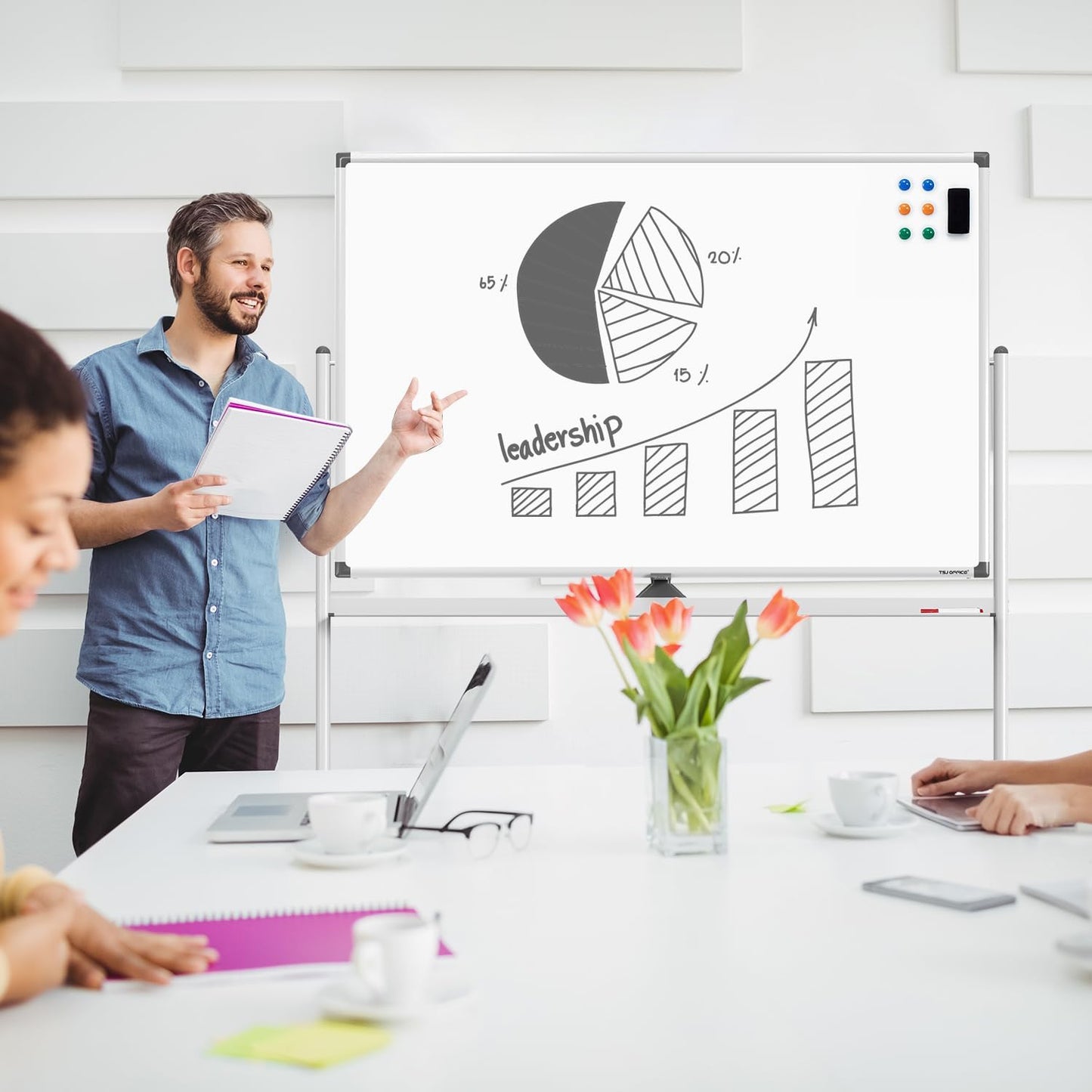 Large Dry-Erase Rolling Magnetic Whiteboard - 48 x 32 Inches Dry Erase Board with Stand Height Adjust Double Sides Mobile White Board Easel on Wheels with 25 Sheets Paper Pad Office, Home & Classroom