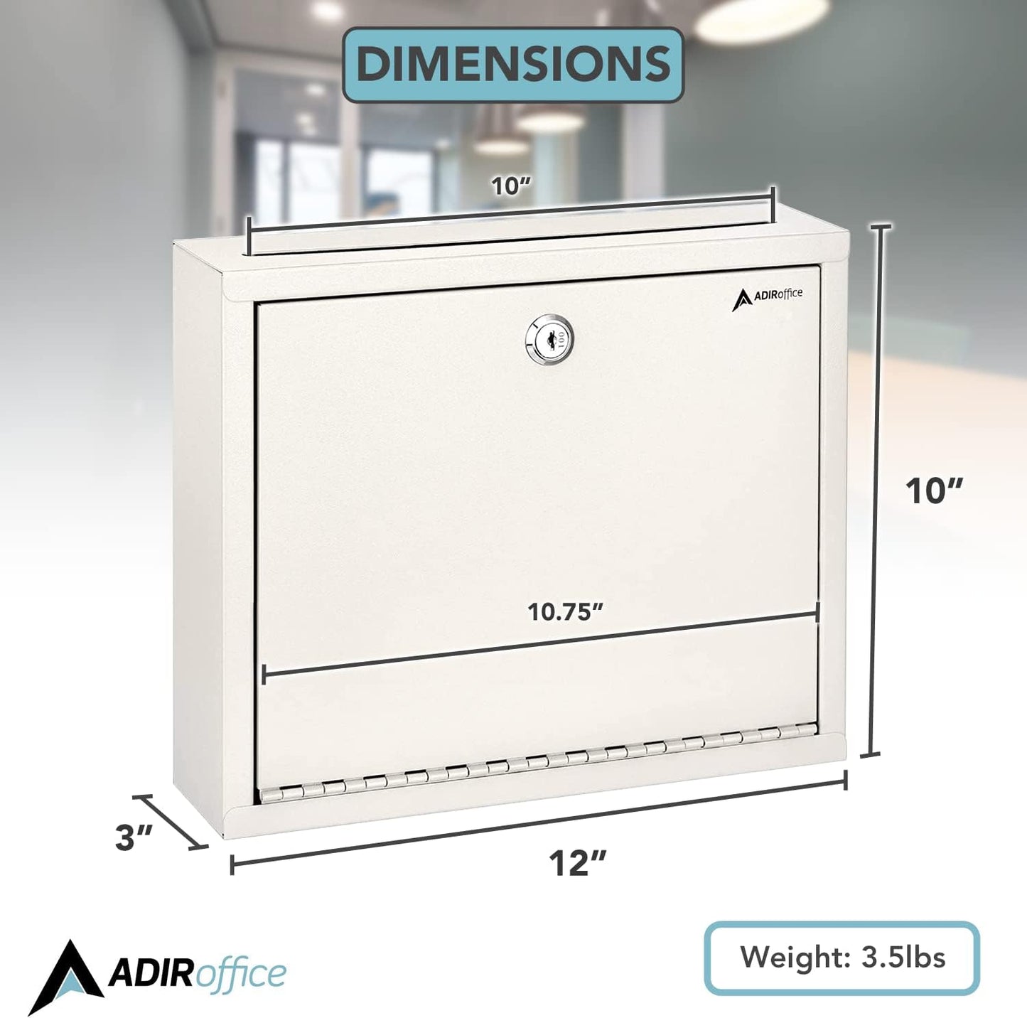 Adir Metal Suggestion Box with Lock and Slot, Wall Mount Deposit Box for Payments and Checks, Office Mail Box for Employees, Mailbox for House, Safe Drop Box with Keys - 3x10x12 Inch White