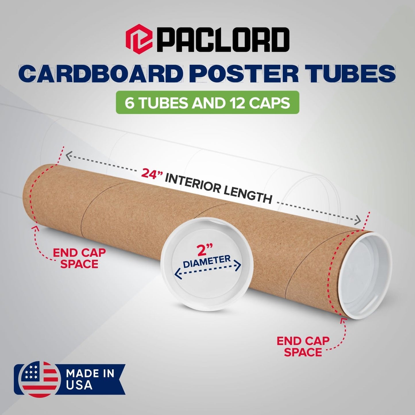 2" x 24" Reinforced Kraft Paper Mailing Tubes, Pack of 6 Tubes with 2 Caps Each – USPS Approved Poster Tube – Made in USA Cardboard Tube for Shipping and Storing Posters, Prints, Artwork, or Documents