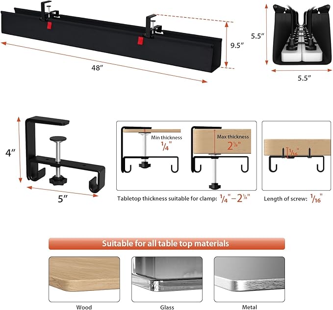 Univivi No Drill Under Desk Cable Management Tray, Clamp/Screw Mount Desk Cable - Image 4
