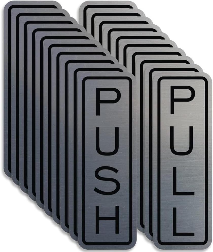 All Quality Classic Vertical Push Pull Door Signs - Great for Glass Doors | Professional Looking Signs | Easy Installation Includes Double-Sided Foam Adhesive Tape (Brushed Silver) - Large (10 Pack)