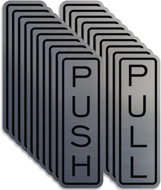 All Quality Classic Vertical Push Pull Door Signs - Great for Glass Doors | Professional Looking Signs | Easy Installation Includes Double-Sided Foam Adhesive Tape (Brushed Silver) - Large (10 Pack)