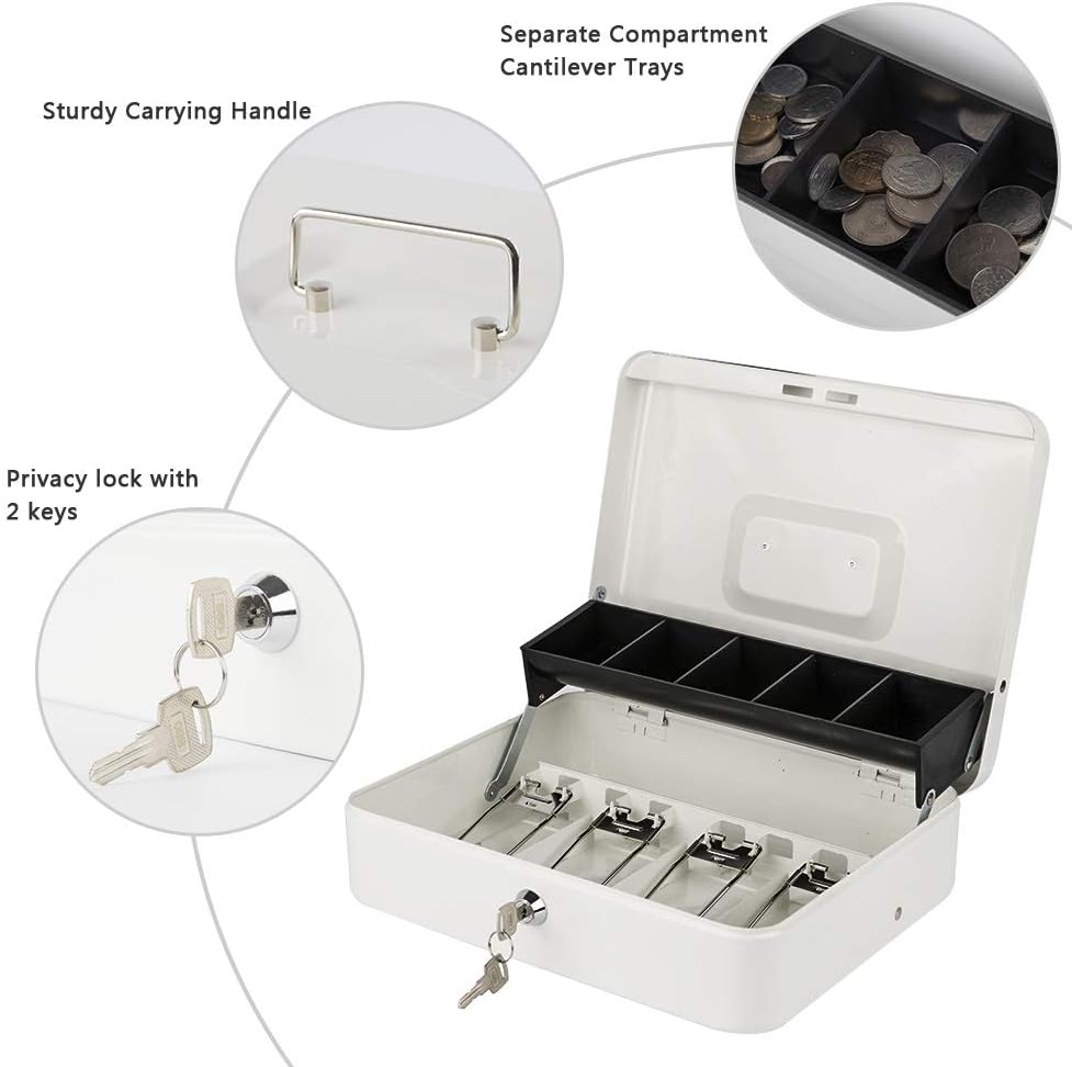 KYODOLED Locking Cash Box with Lock,Money Box with Cash Tray,Lock Safe Box with Key,Money Saving Organizer,11.81Lx 9.45Wx 3.54H Inches,White XL Large