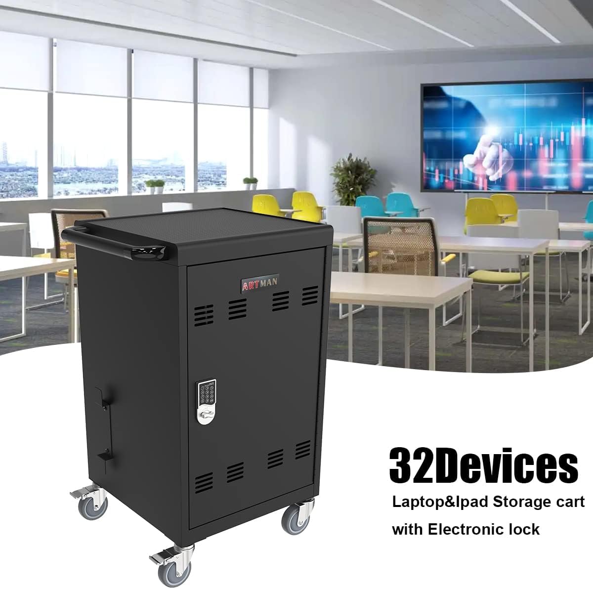 32 Device Mobile Charging Station for Laptops/Tablets/iPads/Chromebooks,32 Bay Lockable Charging Cabinet with Cable Management & Power Strip Included, Laptop & Tablet Storage Carts,Combination Lock