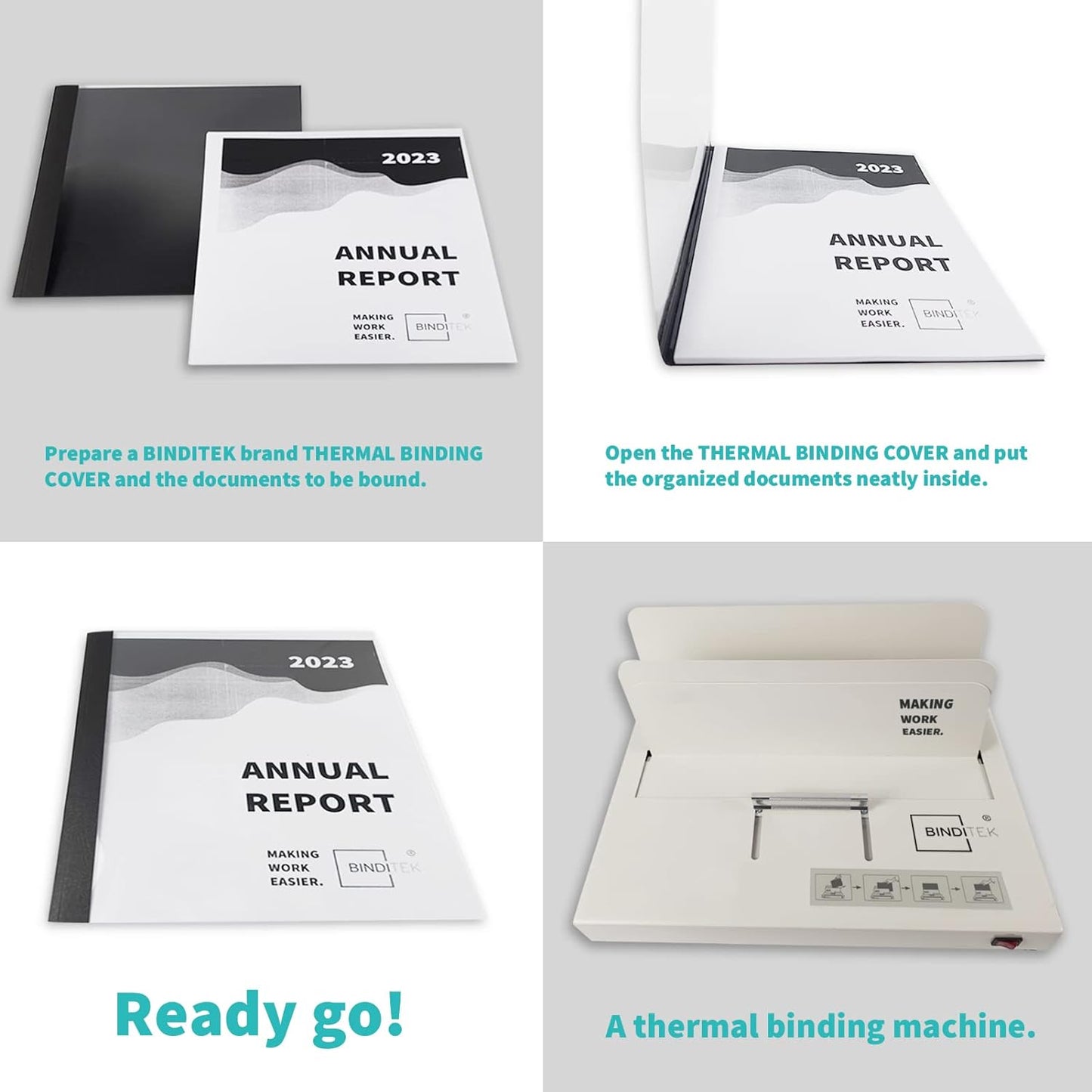 Binditek 10 Pack Thermal Binding Presentation Covers, 1/16 Inch Spine, Holds 15 Sheets, Ultra Clear Front Cover, Black Paper Back Cover, Letter Size, for Students and Coworkers
