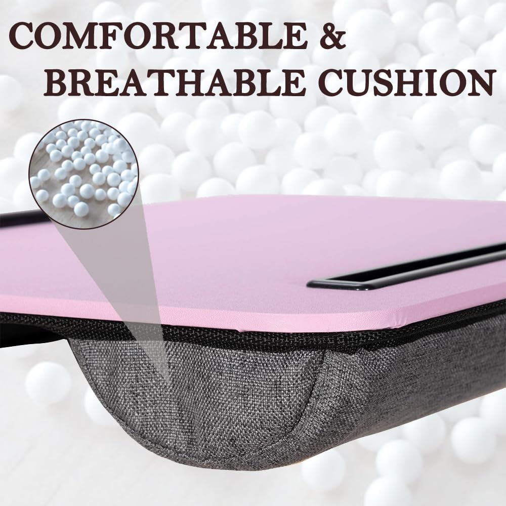 Portable Laptop Desk Fits Up to 16“ Laptops, with Tablet Slot, Built-in Cushion,Great for Home & Office,Lap Desk with Cushion (Pink, Medium)