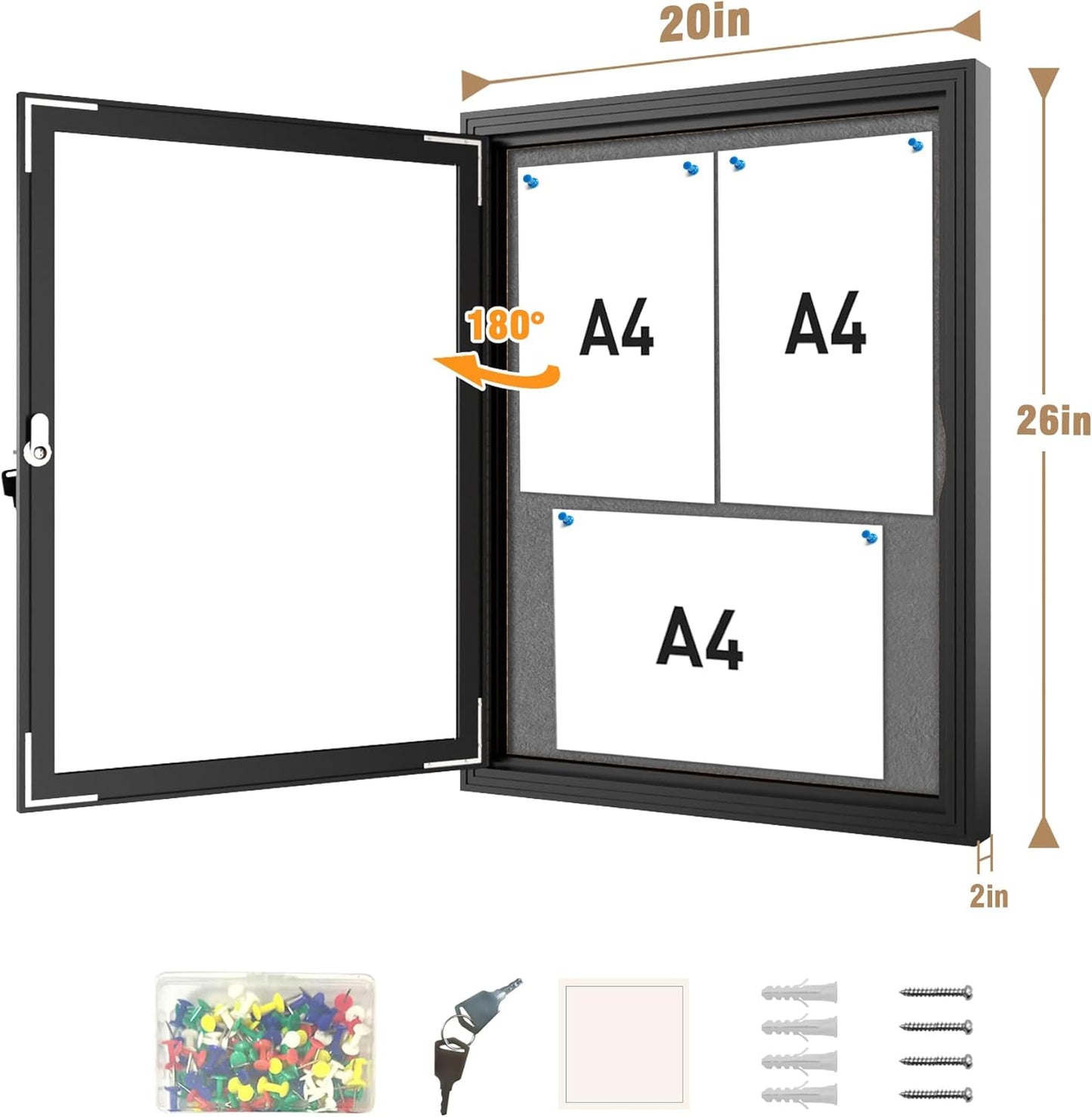 26"x20" Enclosed Bulletin Board, Outdoor Lockable Weather-Resistant Aluminum Cork Noticeboard for School & Office, Black Frame w/Grey Flet