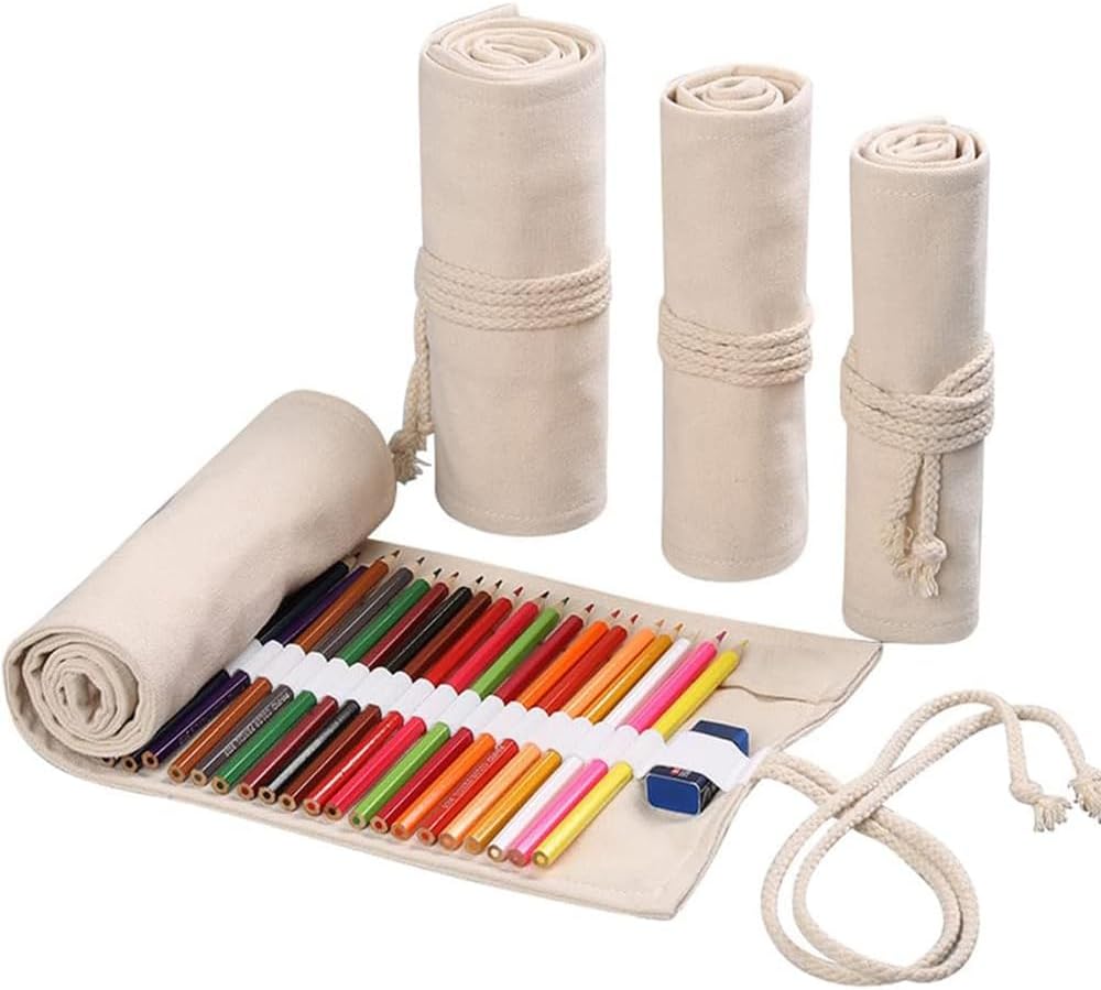 DIYOMR 12/24/36/72 Slots Pencil Wrap Pencil Rolls, Artist Colored Pencil Roll Up Bag Short Brush Pouch Case Pencils Organizer for Drawing Coloring and Sketching, No Pencils (White, 12slots)