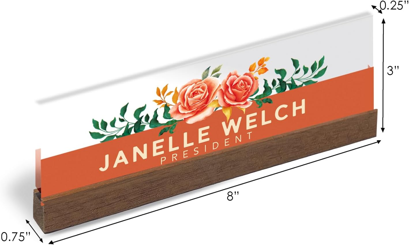 Artblox Office Personalized Name Plate for Desk with Business Card Holder On Clear Acrylic Glass Orange Roses Design Custom Desk Name Plate with Your Name and Credentials Customized Gift
