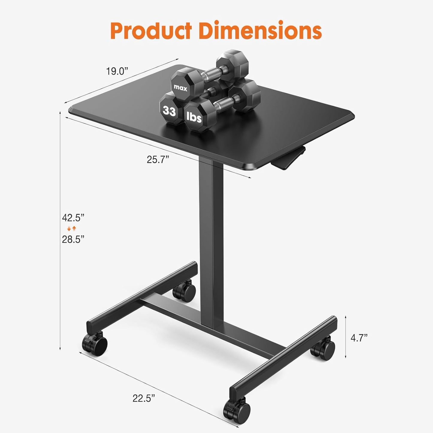 Sweetcrispy Small Mobile Rolling Standing Desk - Overbed Table, Teacher Podium with Wheels, Adjustable Work Table, Rolling Desk Laptop Computer Cart for Home, Office, Classroom, Black