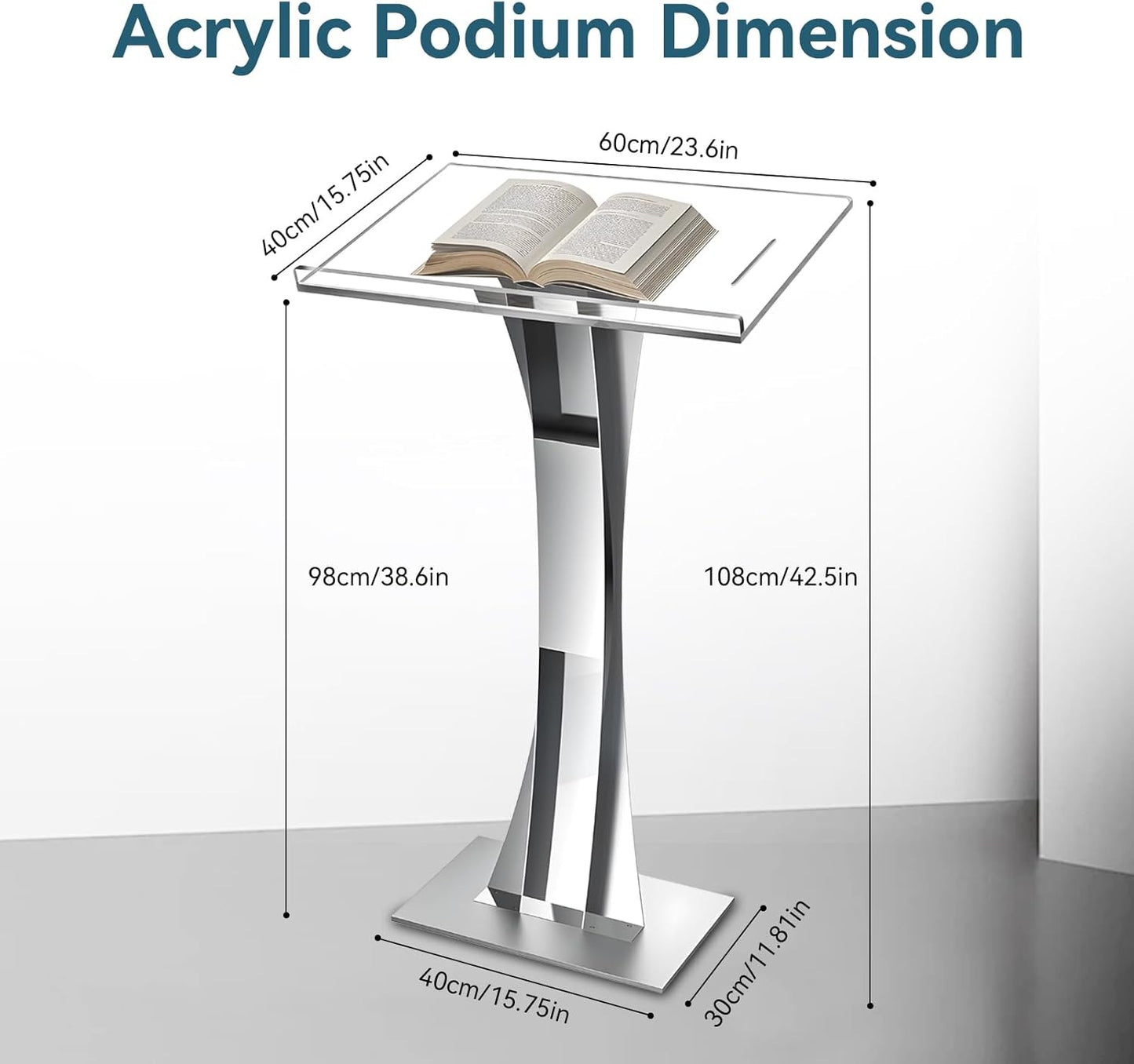 42.5" Acrylic Podium Stand, Pulpits for Churches with Iron Stable Bottom, Lectern with 10MM Thickened Acrylic Countertop, Multi Function Pulpit for Classroom Music Concert Wedding Conference