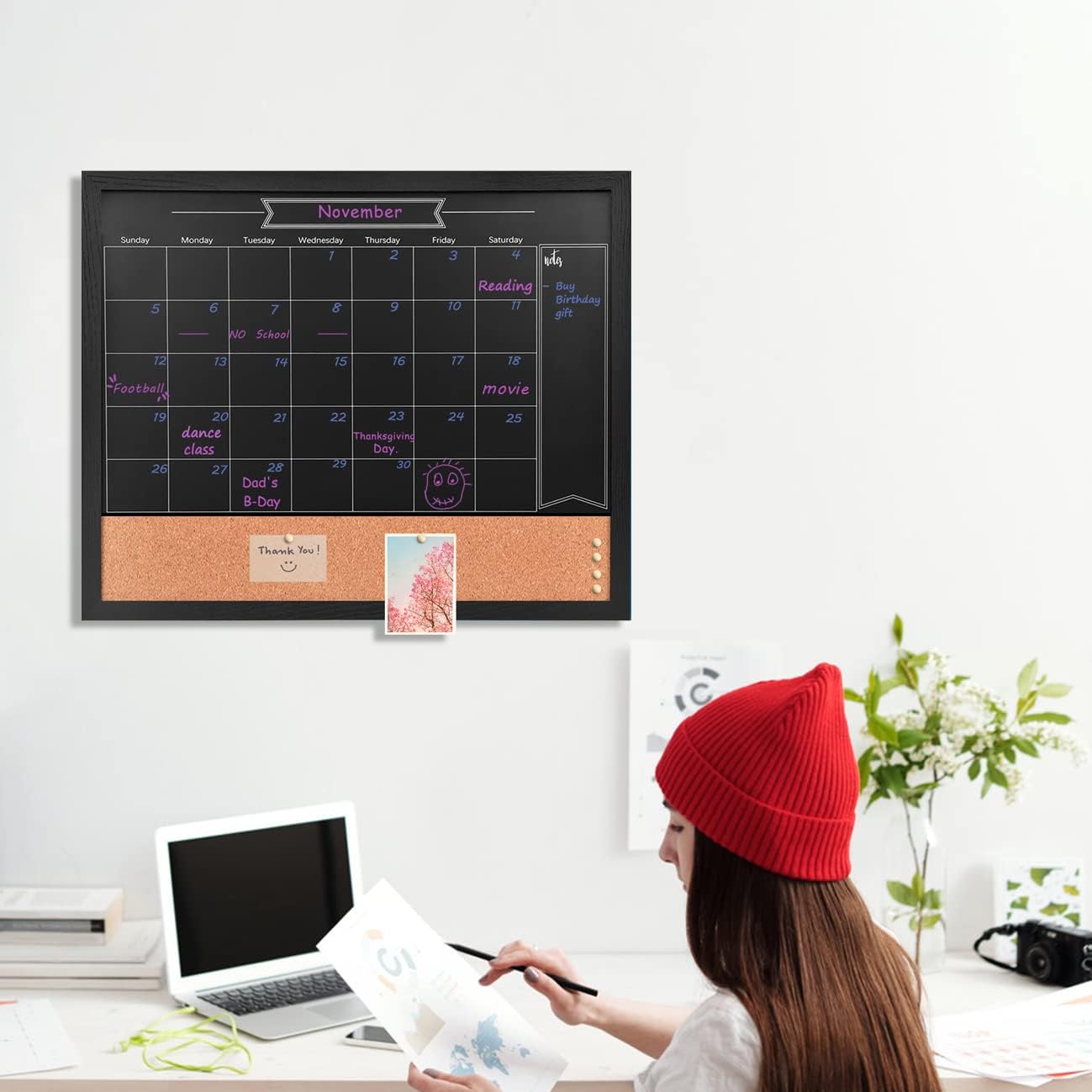 TORASO Magnetic Chalkboard Calendar Corkboard, 17.7" x 21.6" Combination Chalk Board Bulletin Board, Walnut Brown Framed Blackboard Calendar Cork Combo Board(ZHHB-BN-4555)