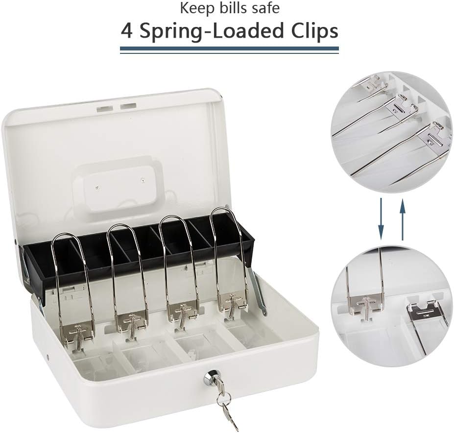 KYODOLED Locking Cash Box with Lock,Money Box with Cash Tray,Lock Safe Box with Key,Money Saving Organizer,11.81Lx 9.45Wx 3.54H Inches,White XL Large