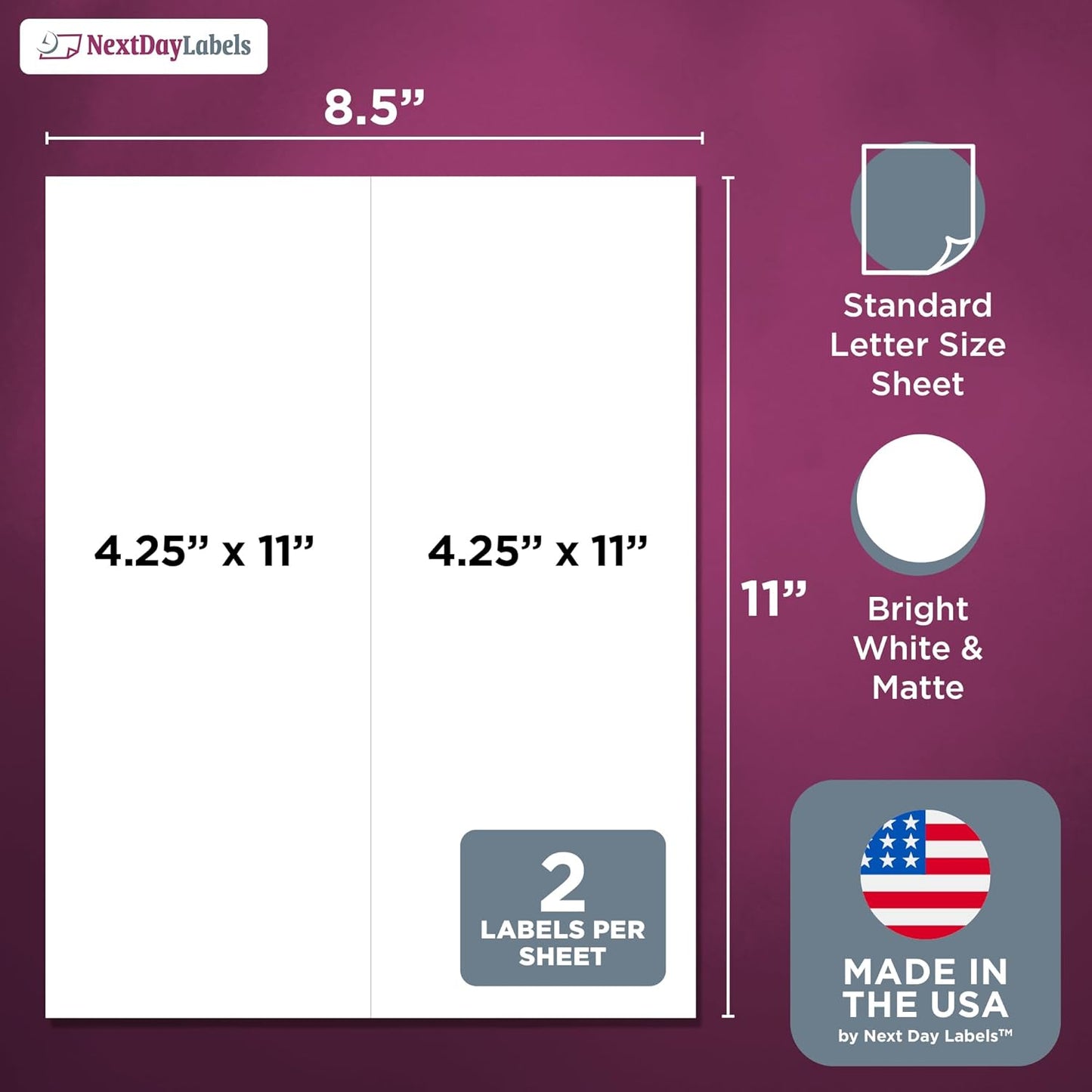 NextDayLabels – 4-1/4" x 11" Rectangular Sticker Labels for Printer - White Laser/Inkjet Printer Labels Return Address Labels Shipping Label Stickers (1000 Sheets, 2 Per Sheet, 2000 Labels)