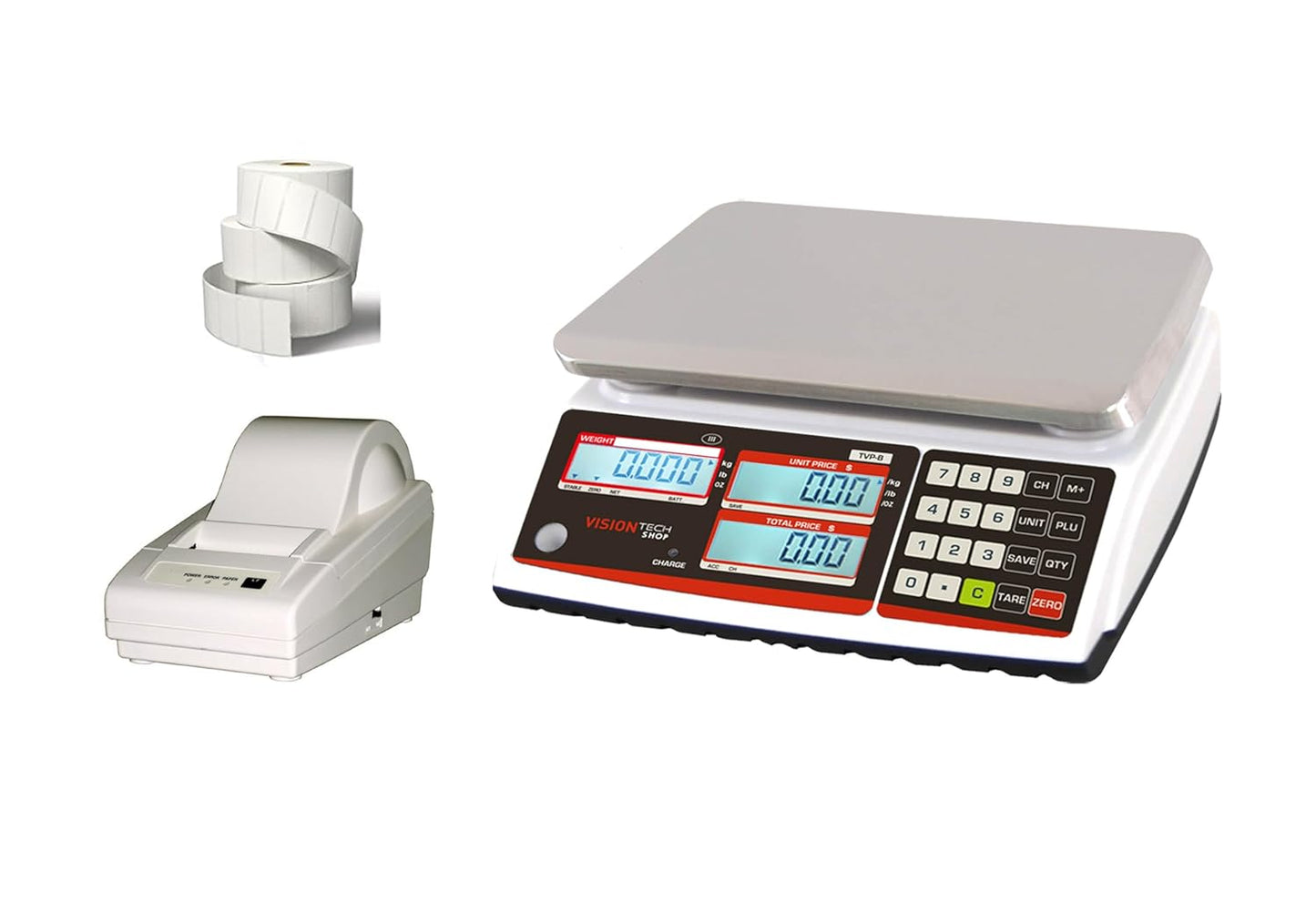 VisionTechShop TVP-12B Price Computing Scale, Lb/Oz/Kg Switchable, 12lb Capacity, 0.002lb Readability, NTEP Legal for Trade, NSF Certified, LP-50 Thermal Label Printer, 1 Case of Labels LST8060