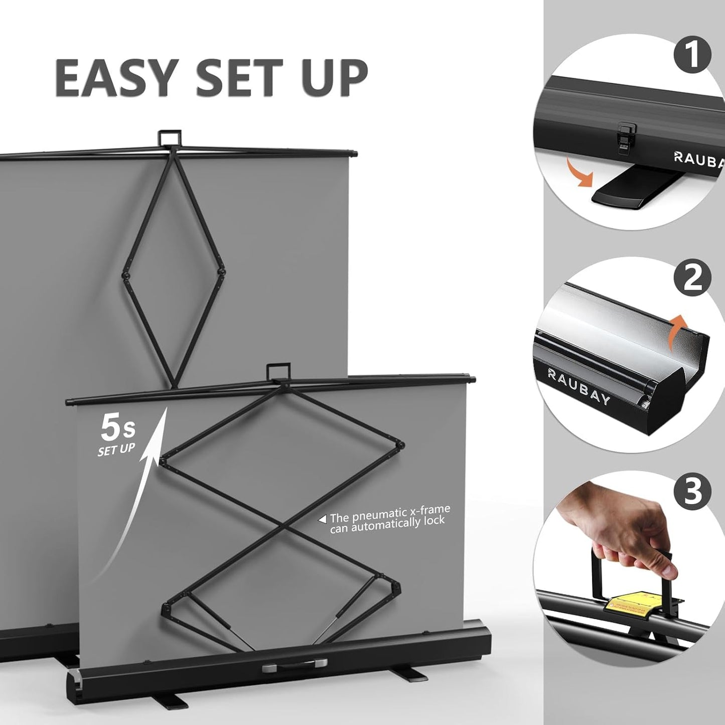 【Easy Set-Up】 RAUBAY 59.8 x 82.7in Collapsible Gray Backdrop Screen Portable Retractable Panel Photo Grey Background with Stand for Video Conference, Photographic Studio, Streaming