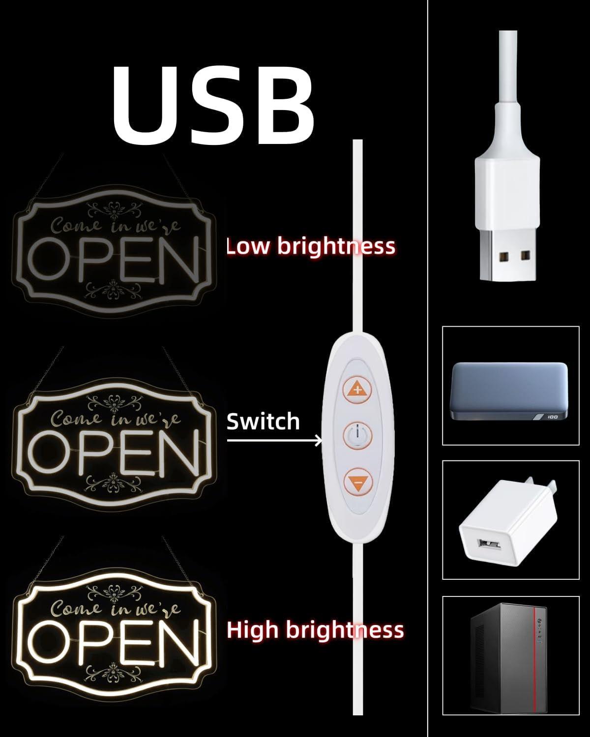 Neon Open Sign for Business， LED Adjustable Brightness Light Up Sign for Bar Slaon Stores Cafes Restaurant Hotel Storefront Window We are Open Signs