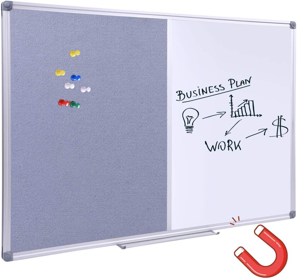 36"x24" Cork & Dry Erase Combo Board - Magnetic Whiteboard & Grey Bulletin Board for Office, Home, Classroom | Wall-Mountable with Aluminum Frame & Pen Tray