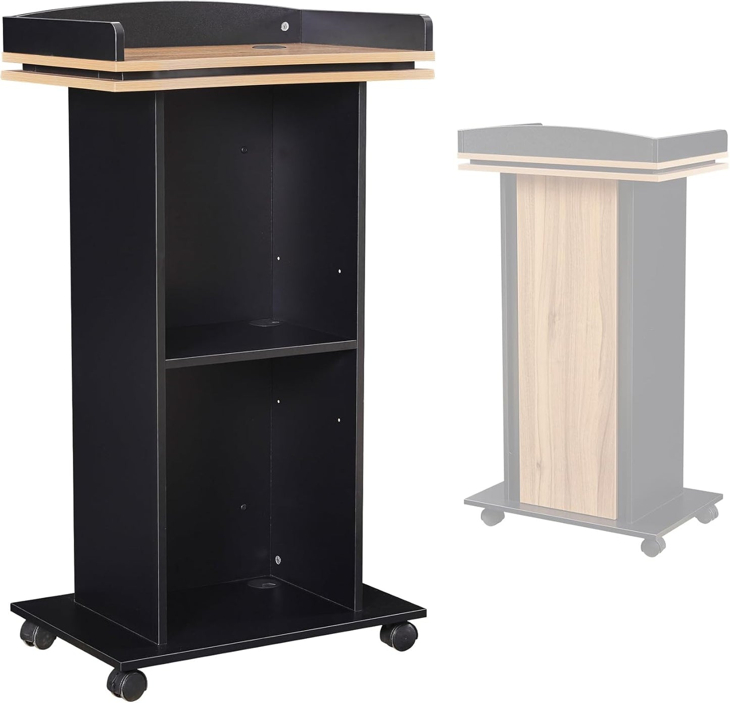 Podium Stand,Wood Podium with Wheels,Lectern with Storage,Mic Stand Space,15MM Particle Board,Wooden Pulpit for Restaurants,Churches,Seminars and Schools