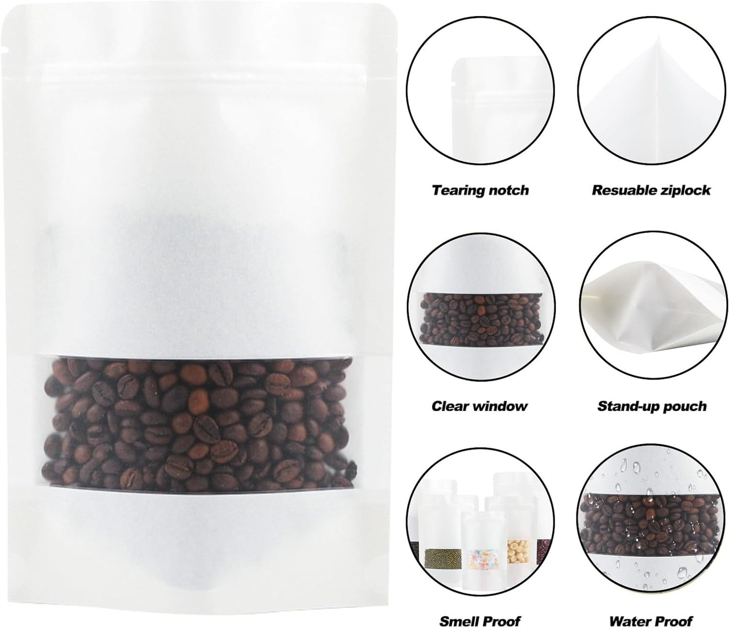 100 Pack Bags, Resealable Bags with Clear Window, Stand-up Bags for Sealing Storage, Scratch Resistant Hand Storage Bags. (White, 5.9×9.05 Inch)