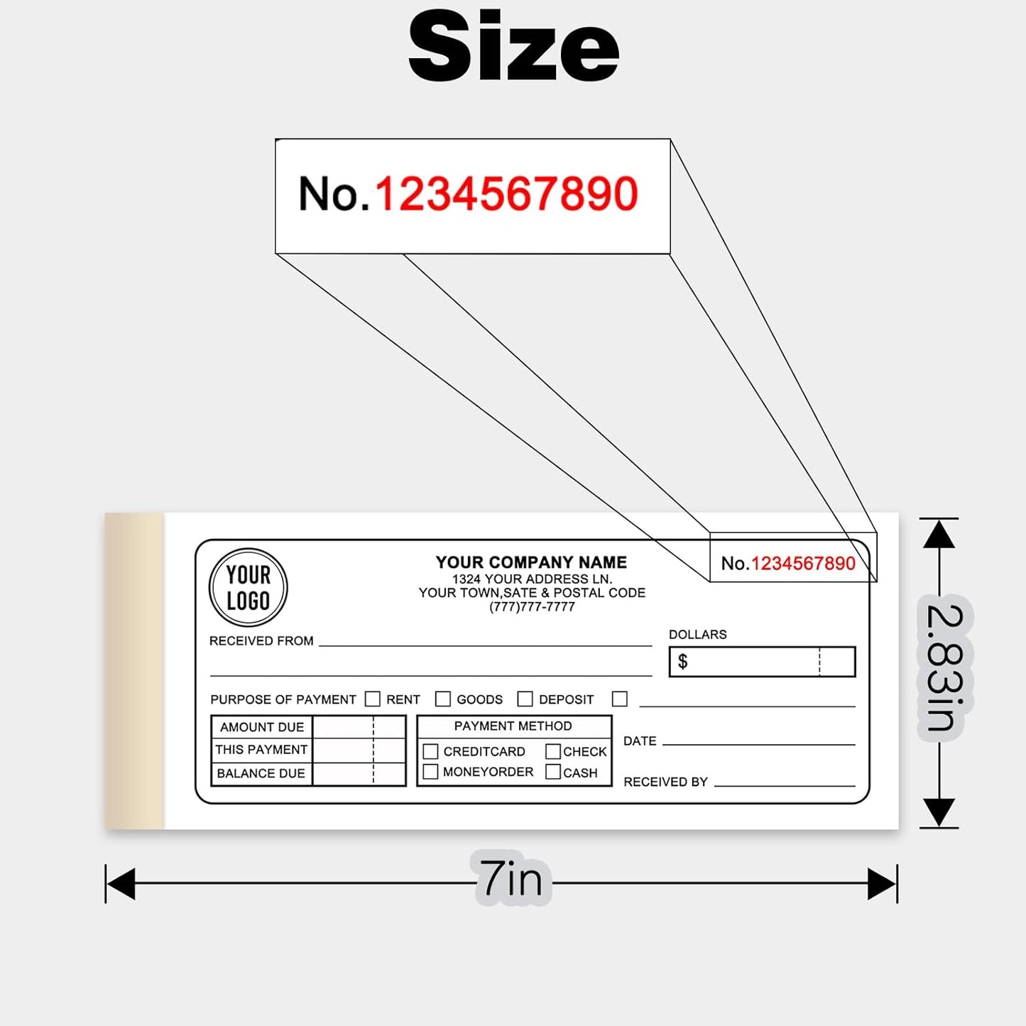 Custom Invoice Receipt Book for Small Business 2.83x7" Personalized 2-Part Contractor Duplicate Carbonless Sales Forms with Company Name Address Phone Number 100 Sets
