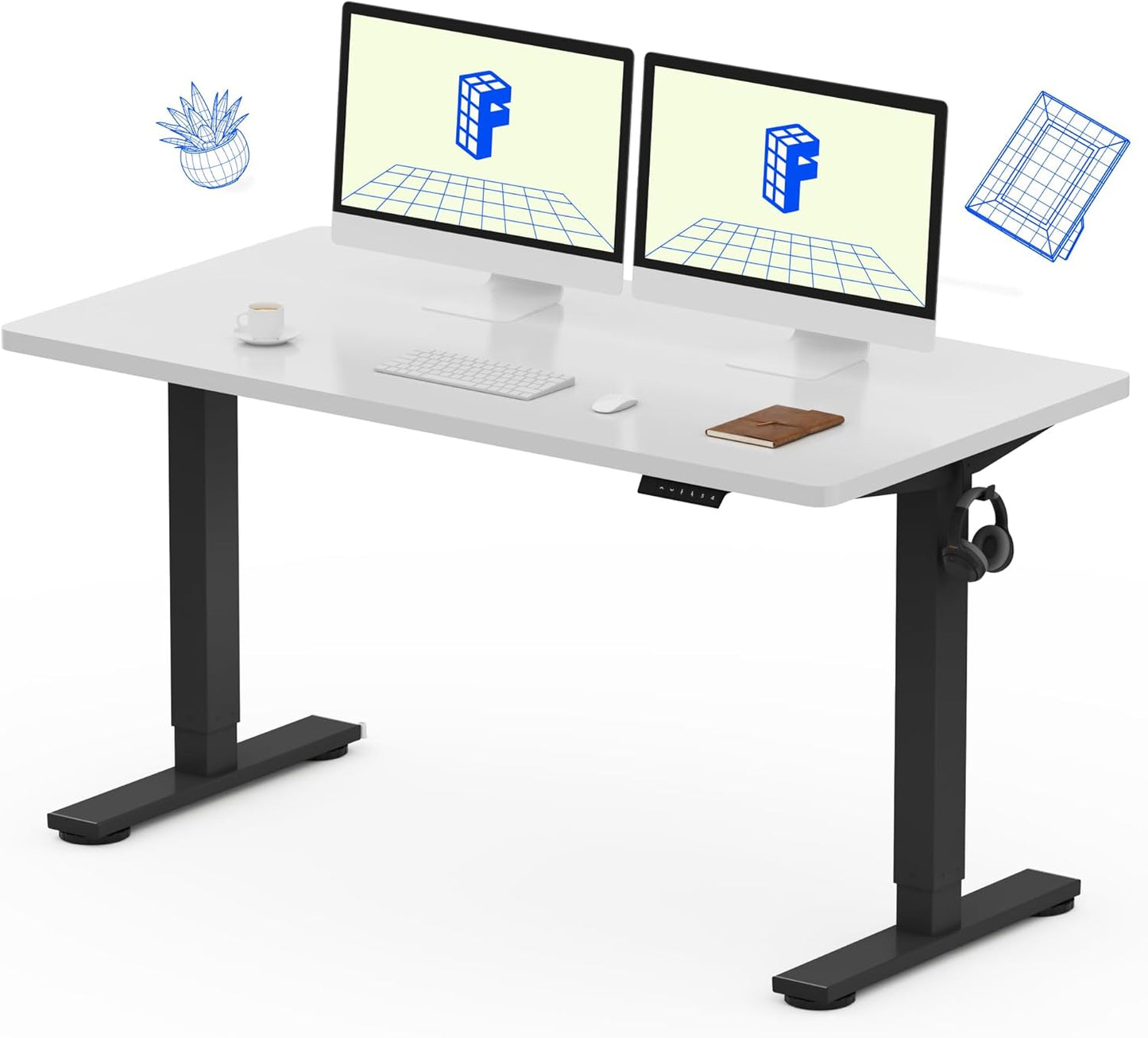 FLEXISPOT EN1 Whole-Piece Standing Desk, 55 x 28 Inches Electric Stand Up Desk for Workstation and Home Office (Black Frame + 55" White Top, 2 Packages)