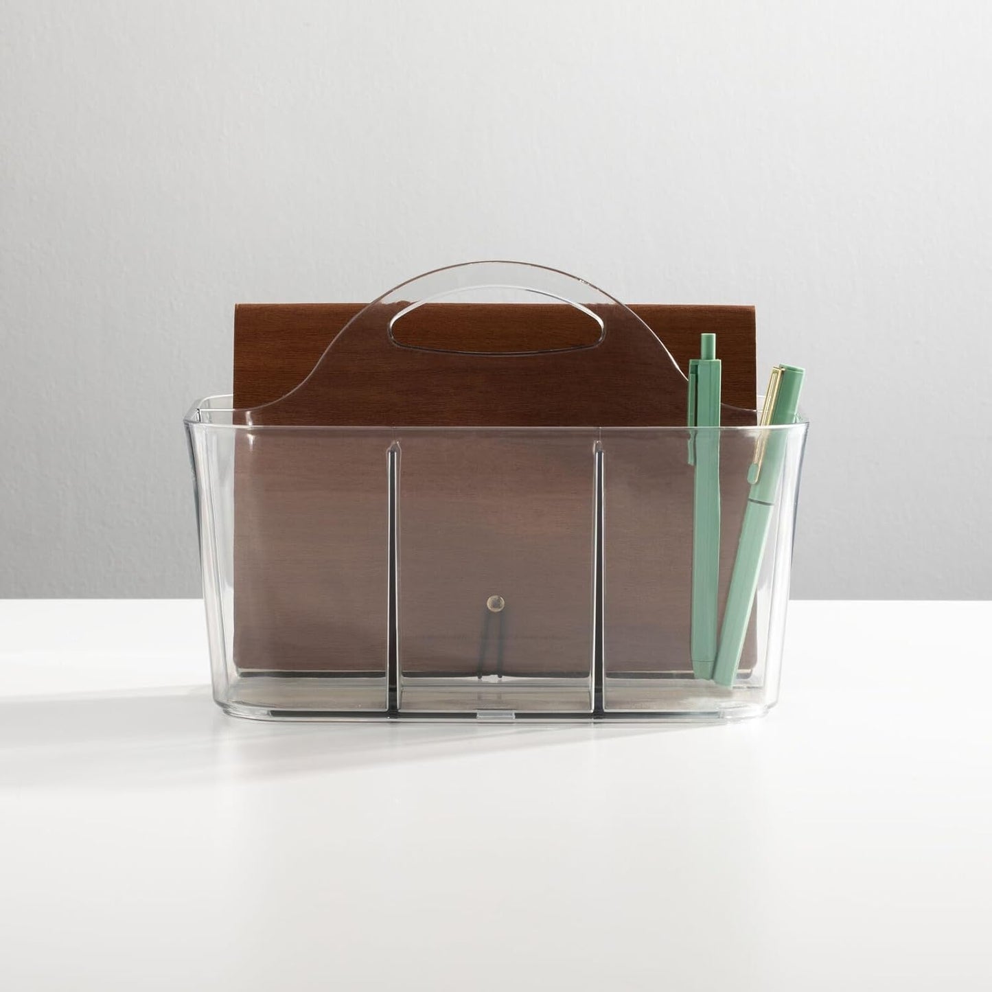 mDesign Plastic Small Office Storage Organizer Utility Tote Caddy with Handle for Cabinets, Desks, Workspaces - Holds Desktop Office Supplies, Pencils, Staplers Lumiere Collection, 2 Pack, Clear