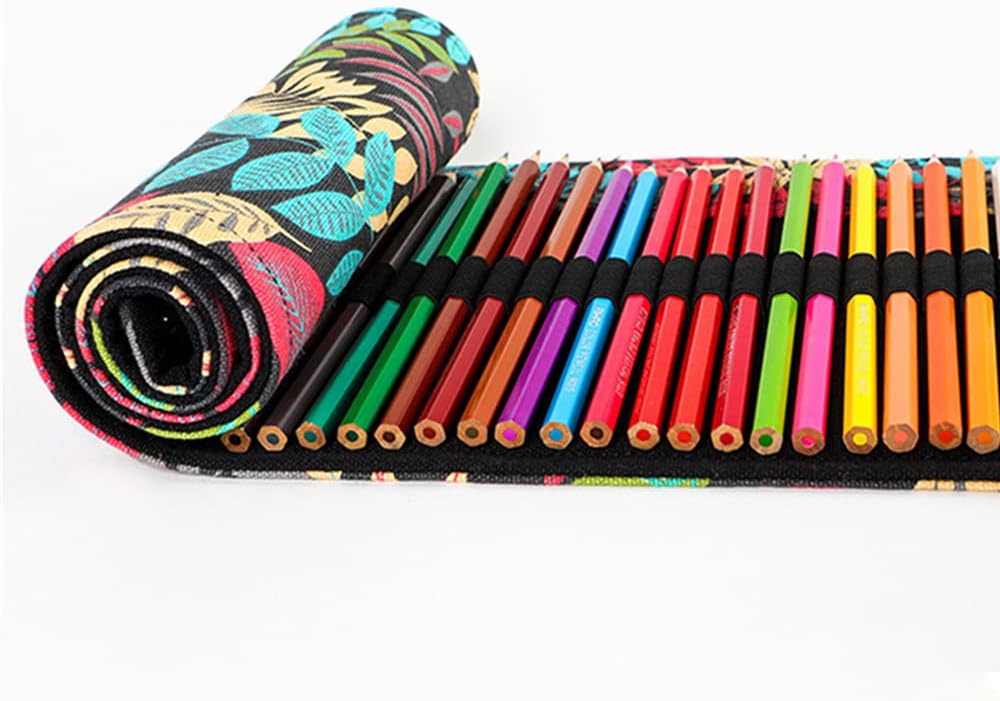 DIYOMR 24/36/72 Slots Pencil Wrap Pencil Rolls, Artist Colored Pencils Roll Up Bag Short Brushes Pouch Case Pencils Organizer for Drawing Coloring and Sketching (Colorful Leaves, 72slots)