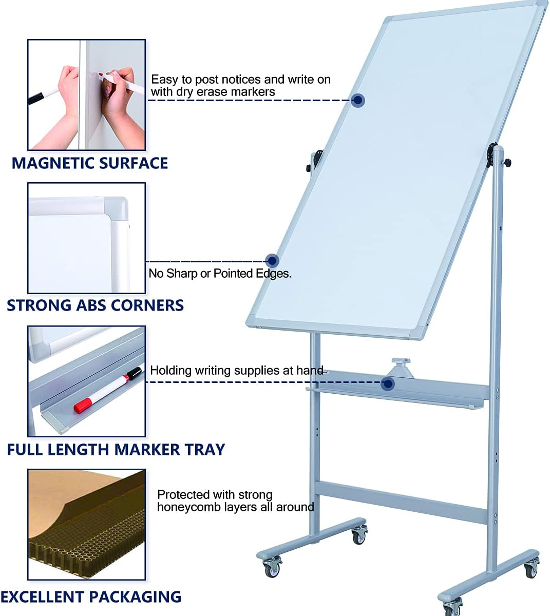 Magnetic Mobile Whiteboard 48x24-in 360° Reversible Two-sided White Board with Wheels, Portable Dry Erase Board Easel with Stand for Office Classroom, Include 6 Dry Erase Markers and 1 Eraser
