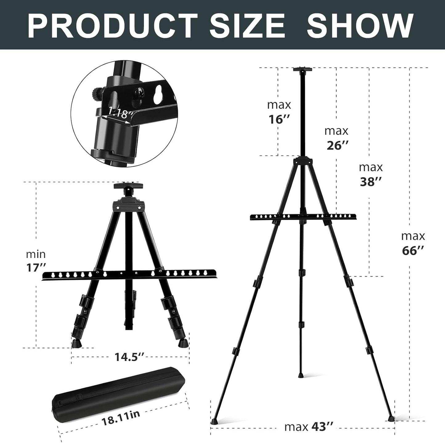 AROIC 8 Pack Painting Display Easel Stand Portable Adjustable Metal Tripod Artist Canvases Height from17to66Inch Extra Sturdy forTable-Top/Floor Painting, Drawingand Displaying,Black with8Storage Bag