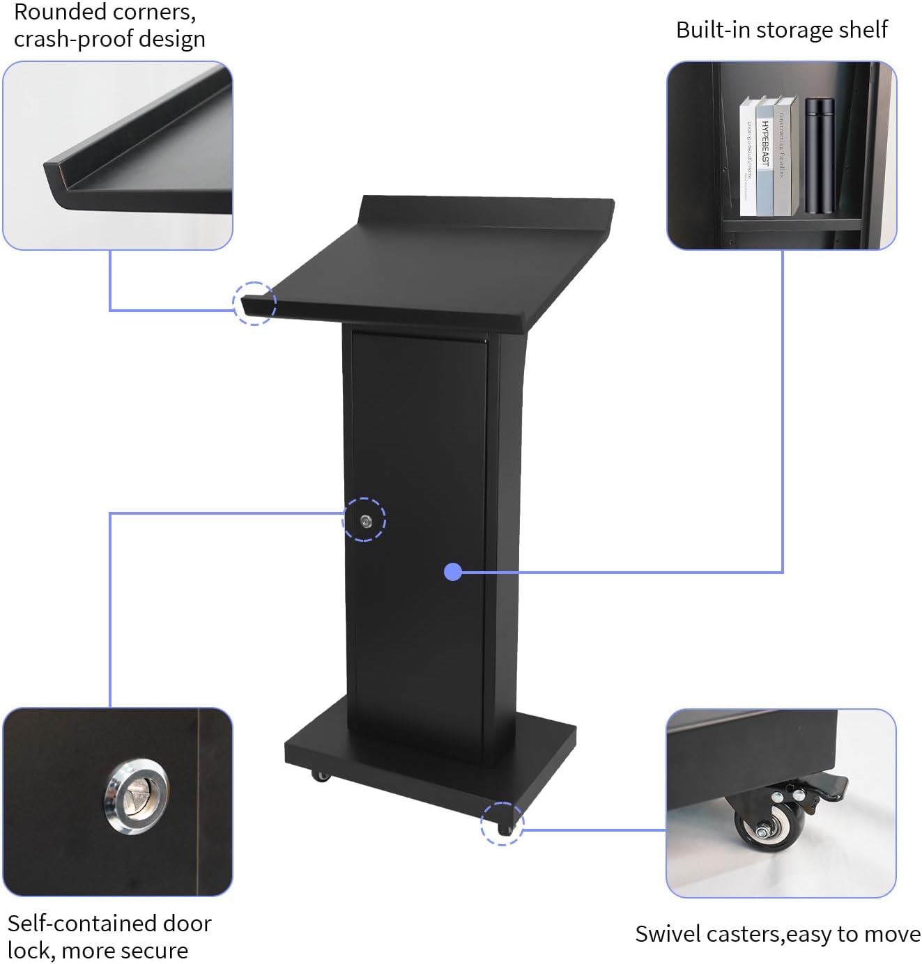 MOOFI Heavy Duty Portable Podium Stand on Wheels, Rolling Black Metal Lectern with Lockable Casters, Storage Cabinet, Mobile Presentation Stand, Pulpit for Conference Room, Church, Classrooms & Events