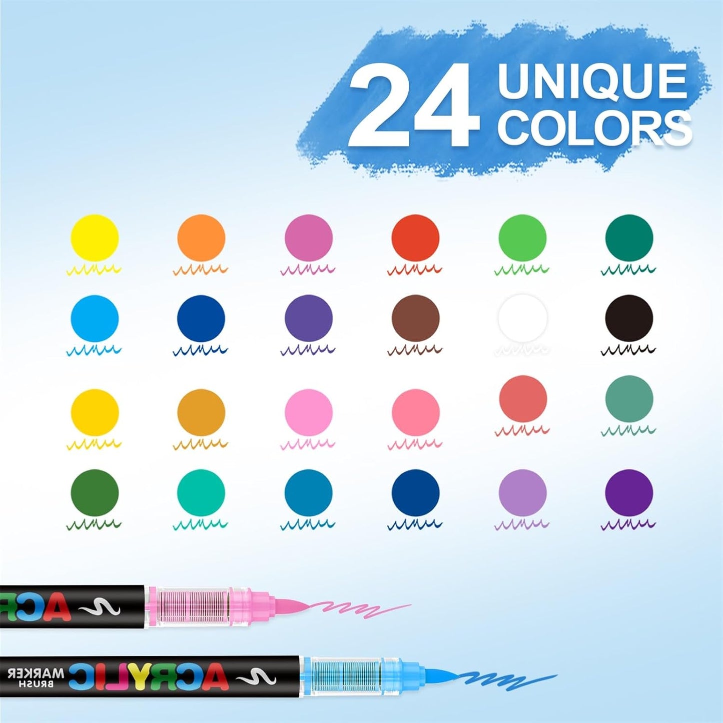 Guangna Acrylic Paint Markers Brush Tip, 24 Vivid Colors with Direct-Liquid Ink Control System, Professional-Grade Paint Pen for Rock Painting, Canvas, Glass, Plastic, Fabric, Eggs