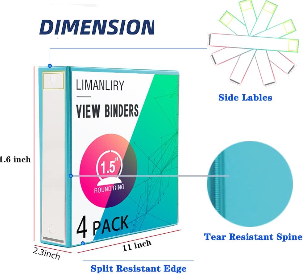 3 Ring Binders,1.5 inch Round Ring View Binders Holds 11"*8.5" Papers,Assorted Colors,4 Pack